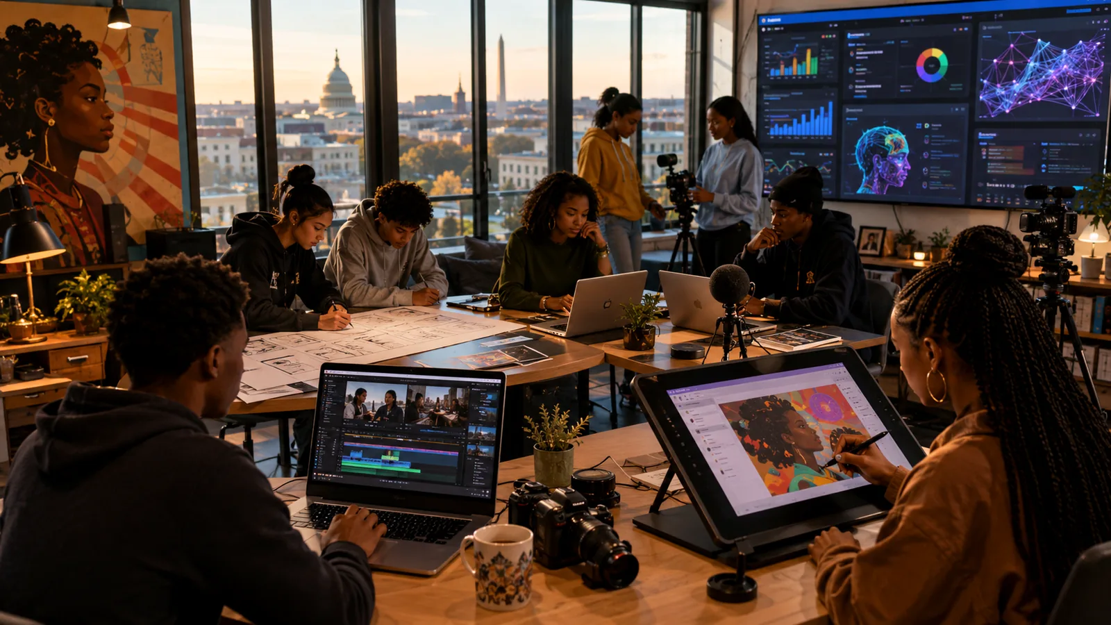 High-school-age students collaborating with cameras, microphones, laptops, and design tools in a creative learning environment.