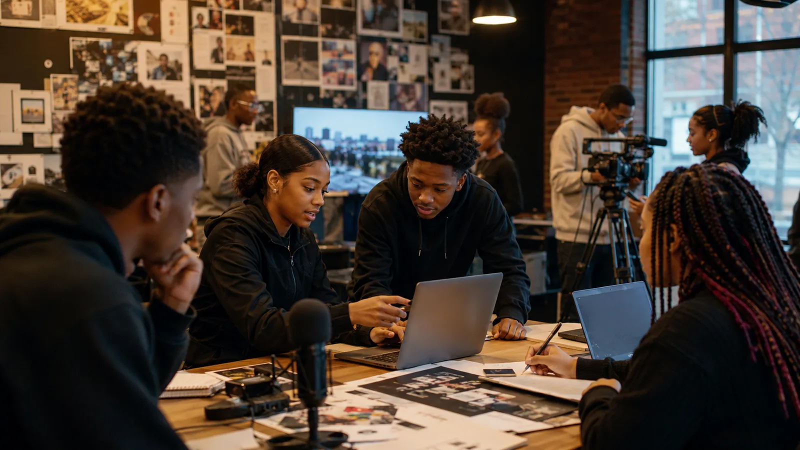 High-school-age students working together on multimedia production using laptops, cameras, microphones, and design tools.