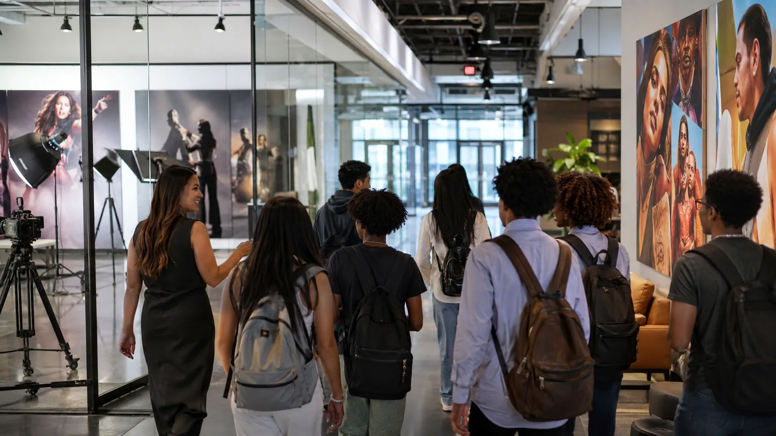 High-school-age students learning about a contemporary media and communications workplace with an adult professional guide.
