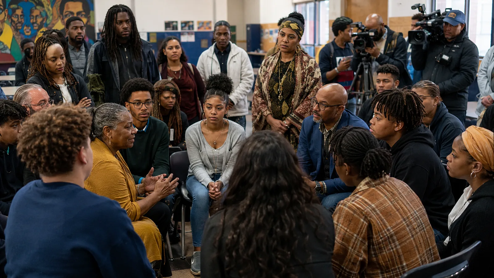 High-school-age students, families, educators, mentors, and media professionals participating in a community discussion.